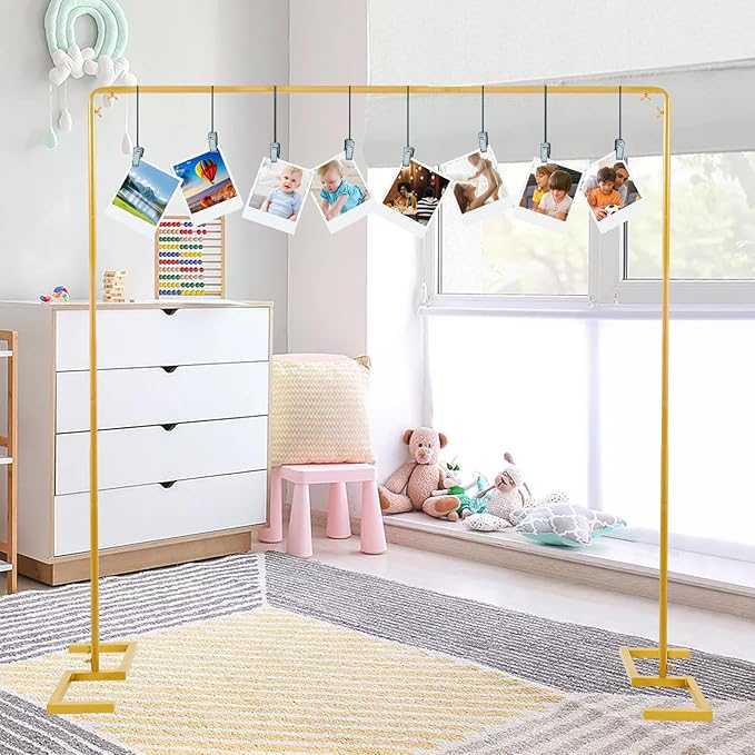 8.2FT x 8FT Backdrop Stand Heavy Duty with Base, Gold Portable Adjustable Pipe and Drape Backdrop Stand Kit, Over The Table Rod Stand with Clamps, Square Metal Arch Party Frame for Birthday Decor