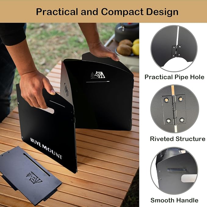 Stove Windscreen - Folding Camping Stove Windshield 4 Plates Stainless Steel Stove Windscreen with Shelf Board for Outdoor, Picnic, Backpacking and Cooking Black, Large, SW-02-Bei