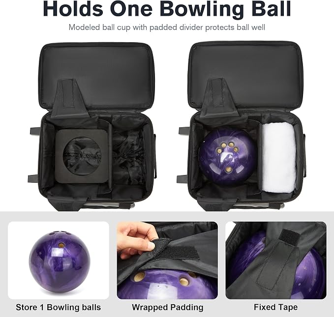 Bowling Ball Bag with Separate Shoe Compartment, Single Roller Bowling Bag with Wheels and Retractable Handle Extends to 37.0 Inches, Padded Foam Ball Insert, Gray (1 Ball Bowling)