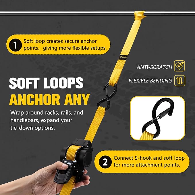 BUNKER INDUST Retractable Ratchet Straps 1" x 12', Heavy Duty Auto Self Retracting Tie Down Straps 1530 lbs Break Strength Cargo Straps for Trailer, Truck, ATV, UTV, Motorcycle (4 Pack)