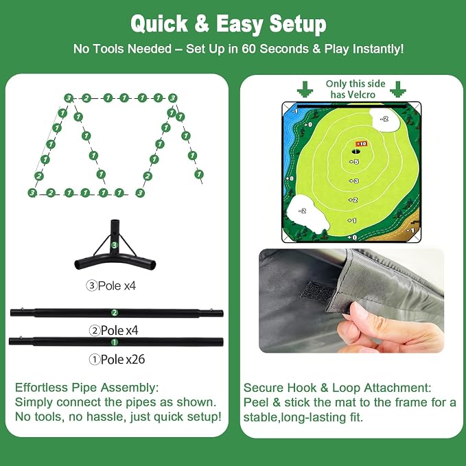 HOTWIND Golf Chipping Game Mat 71" x 71" 2-Sided Hook & Loop Sticky Golf Practice Pad with Stand Portable Indoor Outdoor Backyard Camping Golf Game Accessories for Family Adults (Club Not Included)