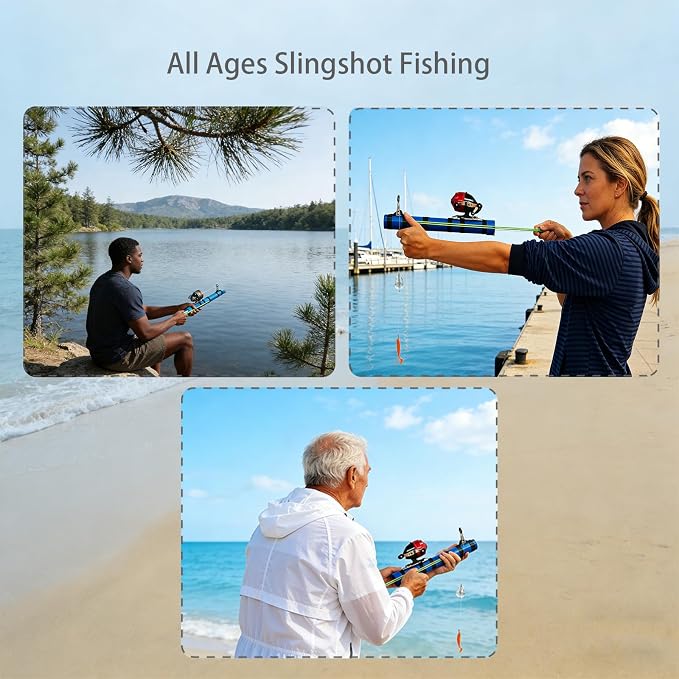 2-in-1 Portable Fishing Rod and Reel Combo with Bait Launcher – Backpack-Friendly Collapsible Shore Fishing Tool, All-in-One Fishing Kit with Lures Hooks Sinkers,Slingshot Fishing Reel