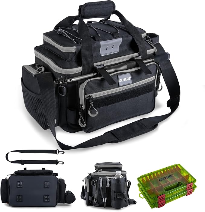 Goture Fishing Tackle Bag with 2PCS 3600 Tackle Boxes | 600D Water-Resistant, Rod Straps, Detachable Bottle Pouch,Waterproof Bottom, Freshwater & Saltwater Gear Storage Fishing Bag