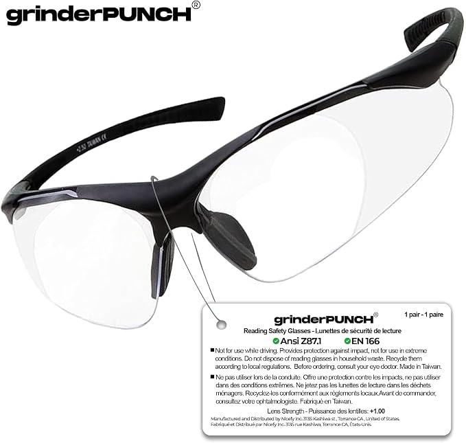 grinderPUNCH Full Lens Magnification Safety Glasses Readers ANSI Z87 Impact Resistant Diopter Magnifying Reading Glasses