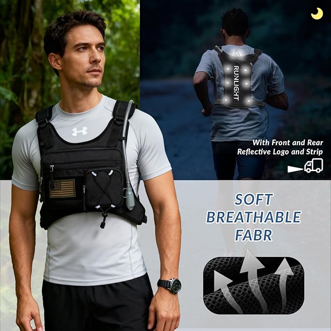 Runlight Running Vest,Lightweight Adjustable Chest Pack with Pistol Holster, Pack with 1.5L Water Bladder, Reflective Running Hydration Vest