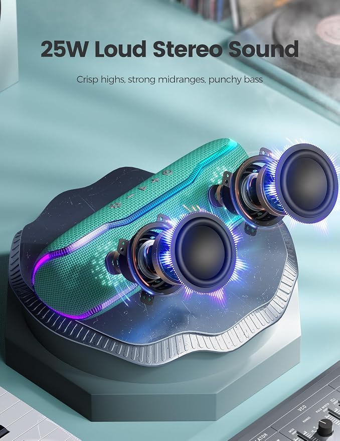 ERKEI SEHN Bluetooth Speaker, IPX7 Waterproof Wireless Speakers, Flashing Light, 25W Super Bass, 24H Playtime, Graduation Birthday Gifts for Him, TWS Pairing, Beach Essentials, Grass Green