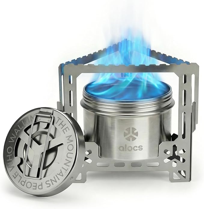 Alocs 2250W Alcohol Stove - Camping Stove with Sealed Cover - Stainless Steel Backpacking Solo Stove with Foldable Stand for Outdoor, Hiking, Survival, Climbing and Picnic