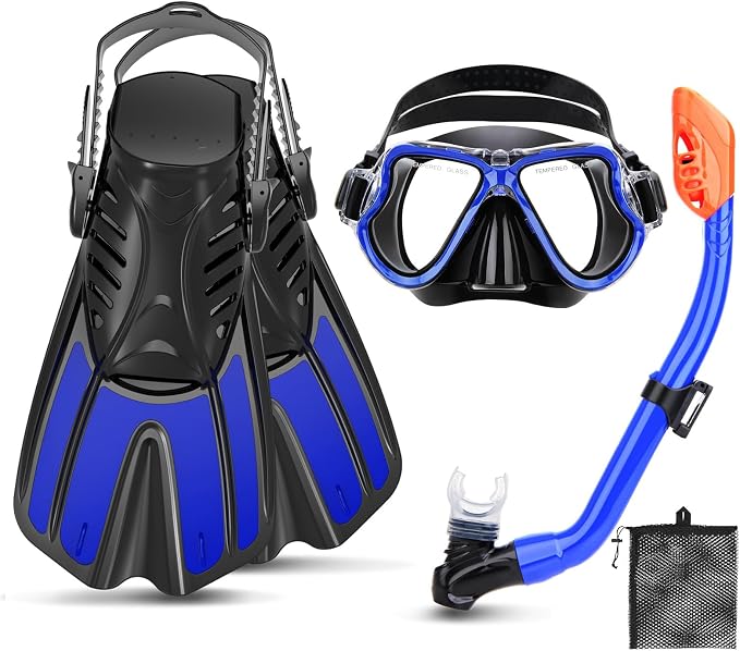 Snorkeling Gear for Kids, 4 in 1 Child Mask Fins Snorkel Set with Panoramic View Anti Fog Mask, Dry Top Snorkel, Trek Fins and Travel Bag, Kids Snorkeling Set with Fins for Snorkeling Swimming