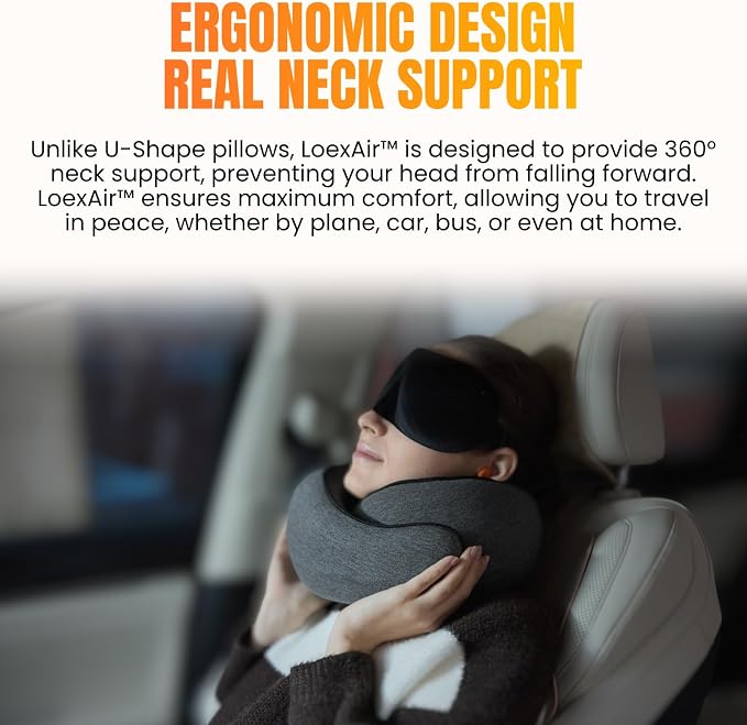 LOEXAIR™ Travel Pillow, Neck Pillow Travel for Airplane, Car - 100% Cotton Fabric & Memory Foam Plane Pillow, Lightweight & Easy-to-Carry on Flight, Full Travel Set (Eye Mask, Earplugs) - Dark Grey