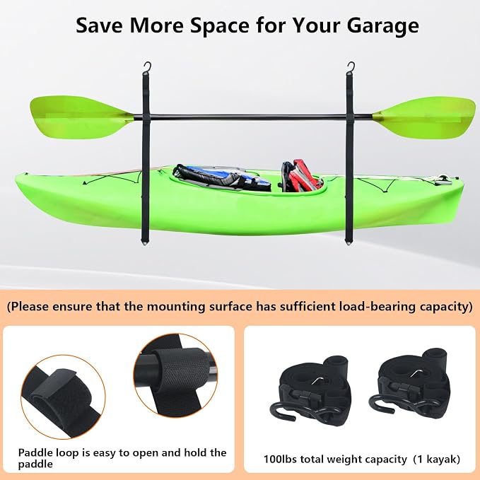 Kayak Storage Strap,Kayak Hanging Straps 1in/1.5in Wide,Adjustable Kayak Wall Mount Straps,Kayak Storage Strap System With Paddle Loops for Hanging 1or 2 Kayak,Paddle Board,Surfboard,Canoe(2/4 Pack)