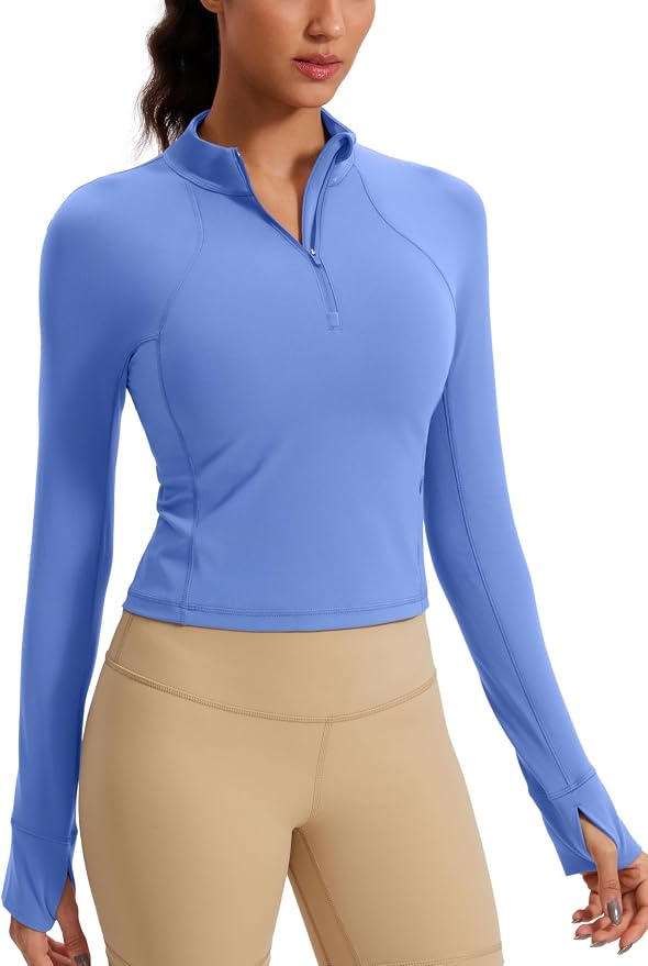 CRZ YOGA Butterluxe Half Zip Long Sleeve Shirts for Women - Workout Athletic Yoga Tops Crop Collared Quarter Zipper T-Shirt
