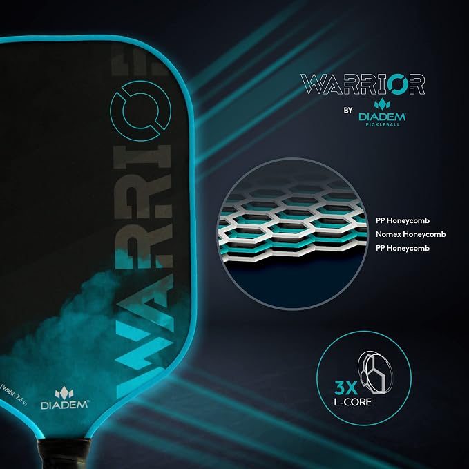 Diadem Warrior Pickleball Paddle | Carbon Fiber Face, 3X L-Core Hybrid Nomex Polymer Honeycomb Core, Grit Paint Surface for Spin, Control and Power | Indoor/Outdoor | USAPA Approved