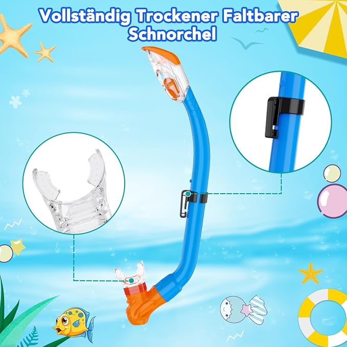 Snorkeling Gear for Kids with Foldable Silicone Full Dry Snorkel, Kids Snorkel Set Anti Leak Youth Junior Snorkeling Package Diving Mask Soft Tube with Mesh Bag Scuba Swimming Goggles