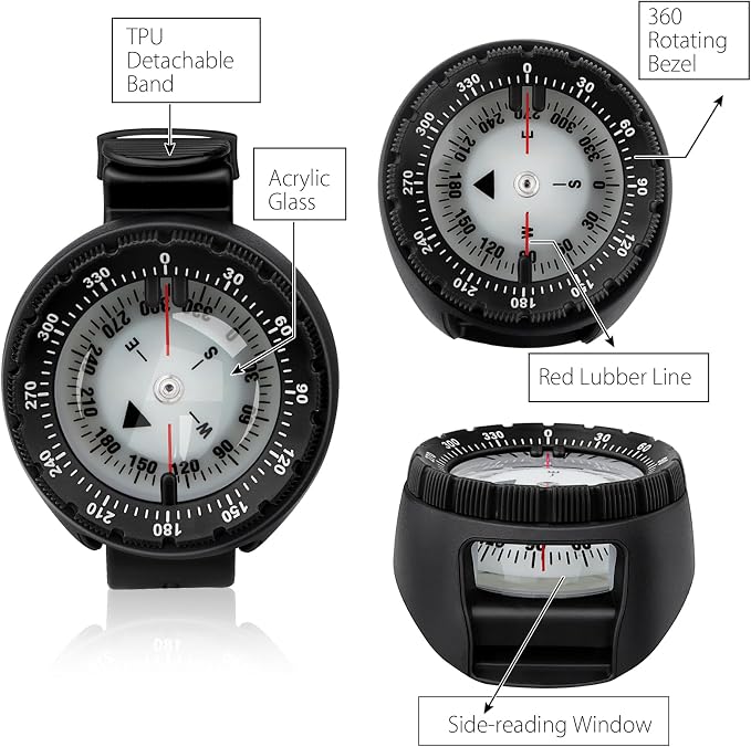 Scuba Compass, Professional Waterproof 5ATM Dive Wrist Compass with TPU Band for Outdoor Sports Diving, Sailing, Hiking, Survival Emergency