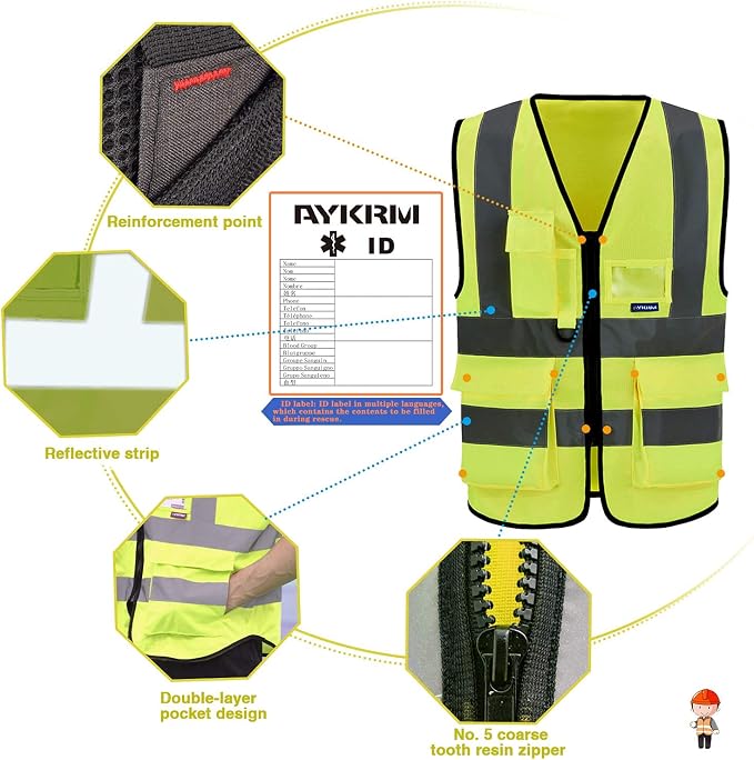 A-SAFETY Hi Reflective Safety Vest,Hi Vis Bright Neon Colors Safety Vest with 4 Reflective Strips 7 Pockets(Yellow Small)