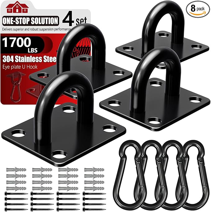 sprookber 304 Stainless Steel Pad Eye Snap Hooks, M10 Heavy Duty Ceiling Hooks, 1700lb Capacity Hammock Swing Hanging kit, Plant Hangers, Marine Hardware Staple Hook Loop with Screws, Set of 8(Black)