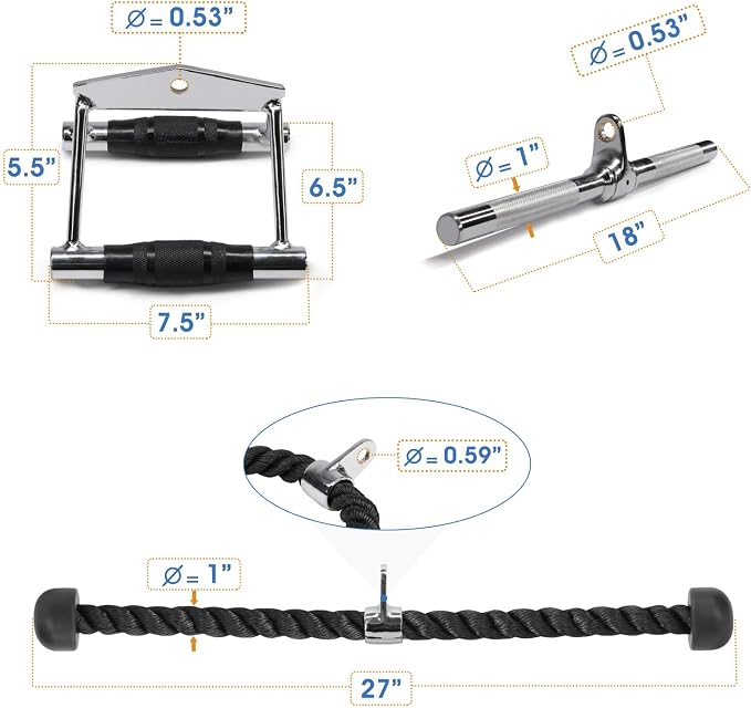 Yes4All Cable Machine Attachment, Row Handles, Tricep Rope, Straight Bar, V Bar, LAT Pulldown Accessories Load 880 LB for Home Gym