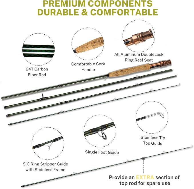 Gonex Fly Fishing Rod and Reel Combo Starter Kit, 4-Piece 24T Carbon Fiber | 8FT 5WT / 9FT 5WT, Spare Tip Section, Aluminum Reel, Fishing Line & Leader, 12 Fly Flies, Scissors, Portable Case Included