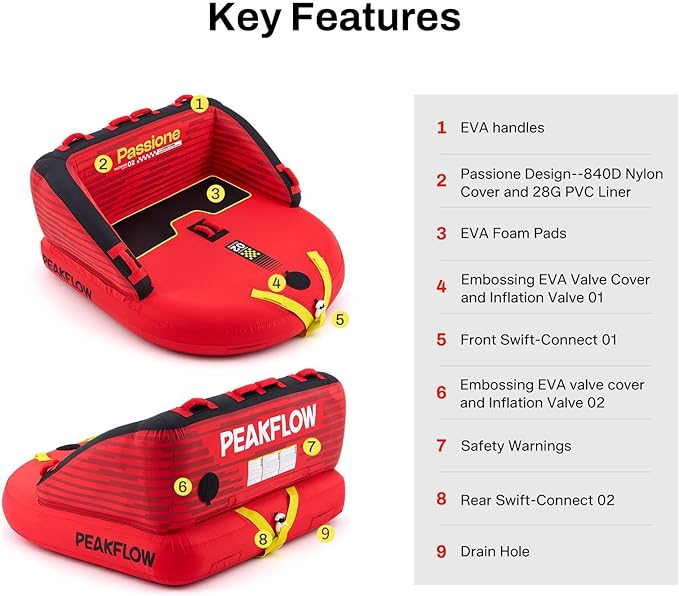 PEAKFLOW Towable Tube,Boat Tube,1-3 Person,Tubes for Boating,PVC Liner and Full Nylon Cover,Lake & Ocean Fun