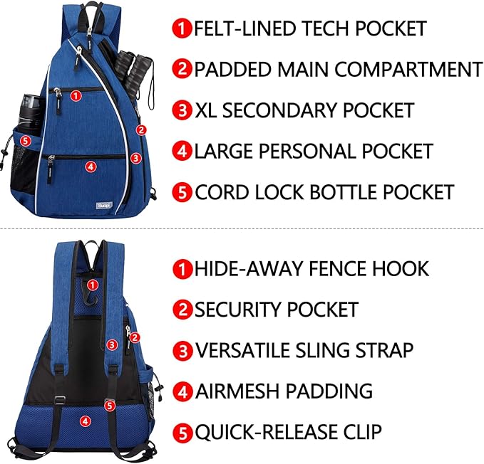Sucipi Pickleball Bag - Men's & Women's Pickleball Backpack, Adjustable Sling Bag w/Fence Hook/Large Capacity/Safety Pocket