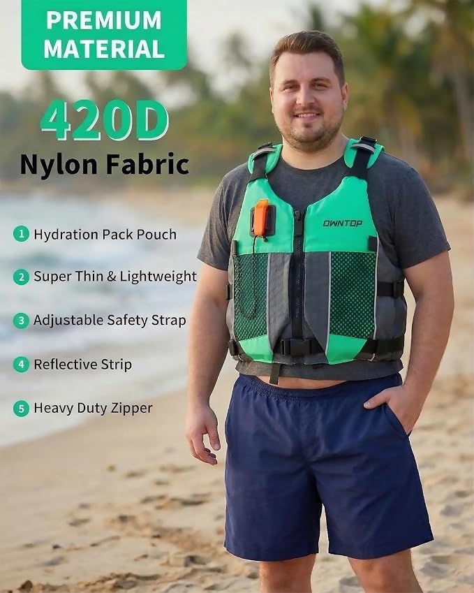 Owntop Swim Jacket Adult Youth | Hydration Pack | Dual Mesh Pockets | Attached Whistle | Ultra-Thin for Freer Movement | Kayak, Boating, Fishing, All Watersports