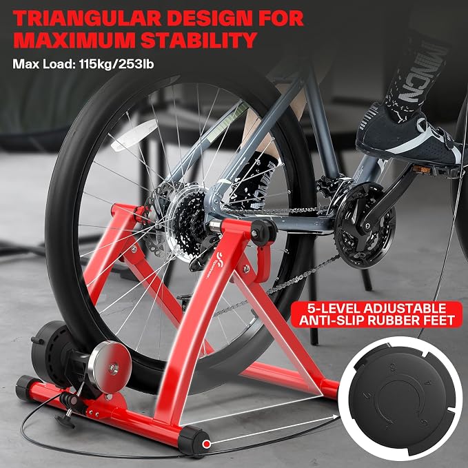 Sportneer Bike Trainer - Magnetic Stationary Bike Stand for 26-28" & 700C Wheels - Adjustable 6 Level Resistance Bike Trainer Stand for Indoor Riding with Quick Release Lever & Front Wheel Riser Block
