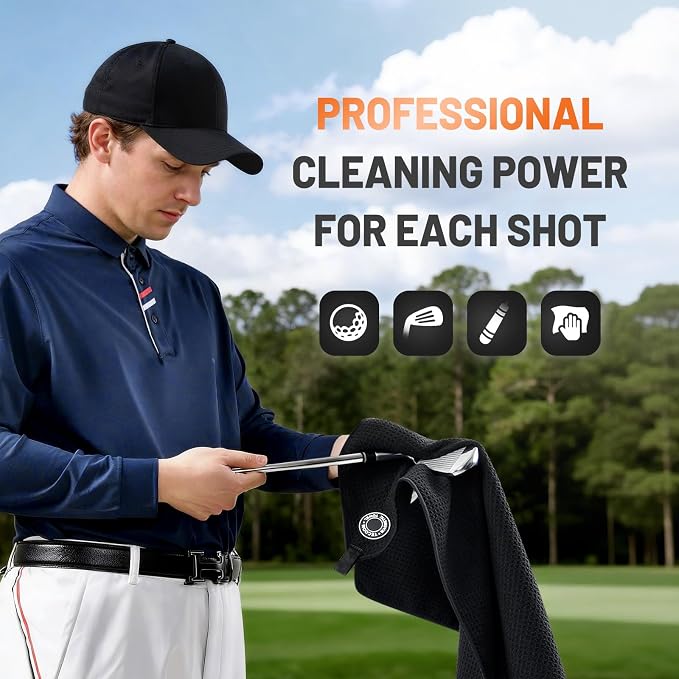 Tecoom Magnetic Golf Towel-Black, Premium Ultra Absorbent Waffle Microfiber, Golf Club and Ball Cleaning Bag with Three-Layer Waterproof Fabric Technology
