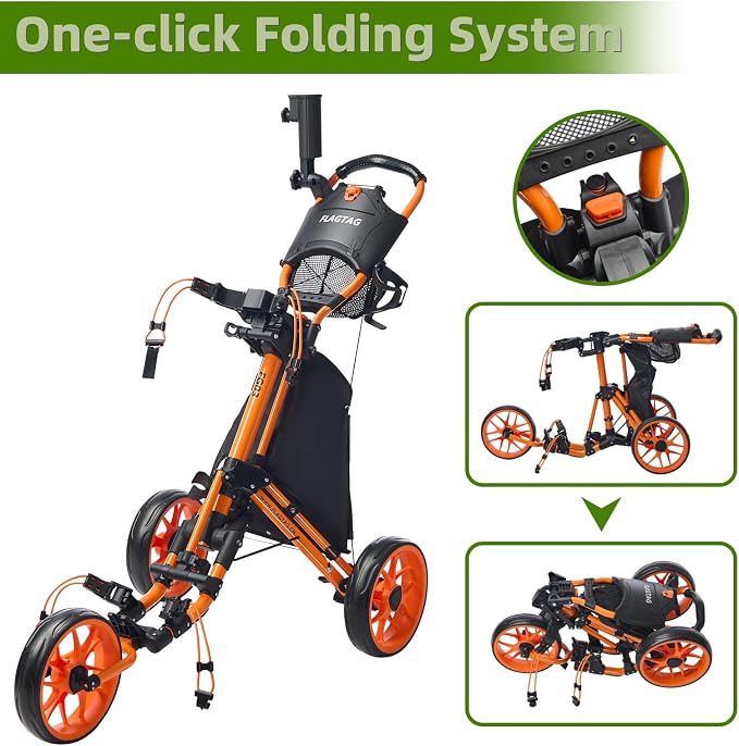 FLAGTAG Golf Push Cart 3 Wheel,Foldable Golf Push Cart,Golf Bag Cart with Foot Brake,Umbrella Holder, Cup Holder, Storage Compartment
