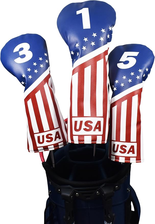 US Flag 3pcs Golf Club Headcovers, PU Leather Head Covers for Drivers Fairway Woods Hybrids, Waterproof Protective Golf Club Covers for Men Women Golfers