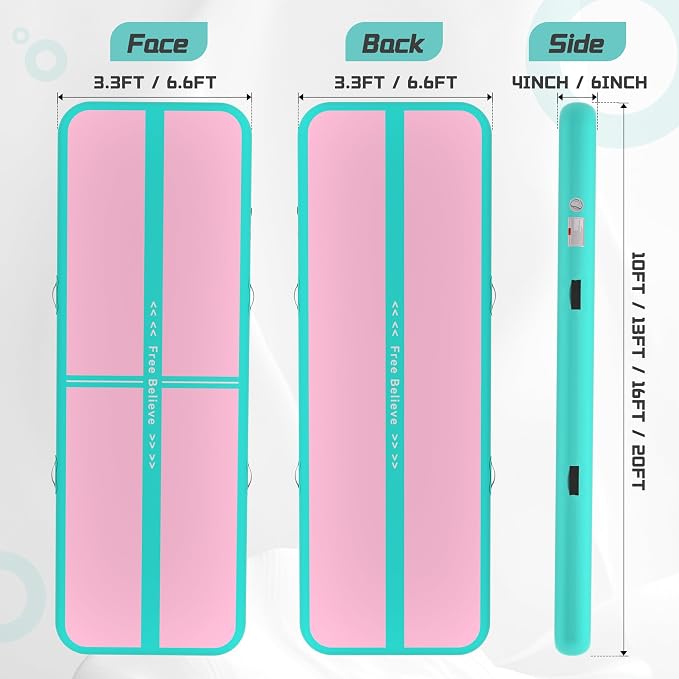 Pink Gymnastics Mat Inflatable Tumble Track Mats 10/13/16/20ft Training Mats for Home Air Mat for Kids with Pump 4”/6” Thick for Cheerleading/Yoga/Exercise/Parkour/Beach/Park/Water