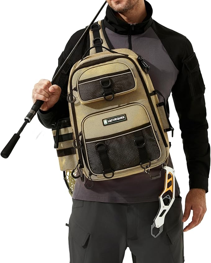 22L Wading Fishing Tackle Sling Bag, Holds 3x 3700 Boxes, Tan | Hands Free Lure Casting, Large Crossbody Shoulder Backpack with Rod Holder, Water Bottle Holder, 12 Heavy Duty D Rings