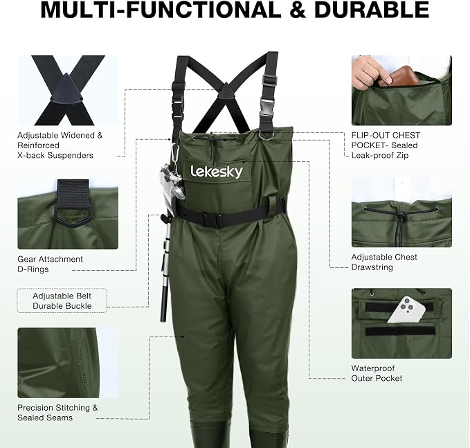 Lekesky Fly Fishing Chest Waders with Boots for Men Women, US Sizes 5–14,2-Ply Nylon/Pvc Waterproof Waders