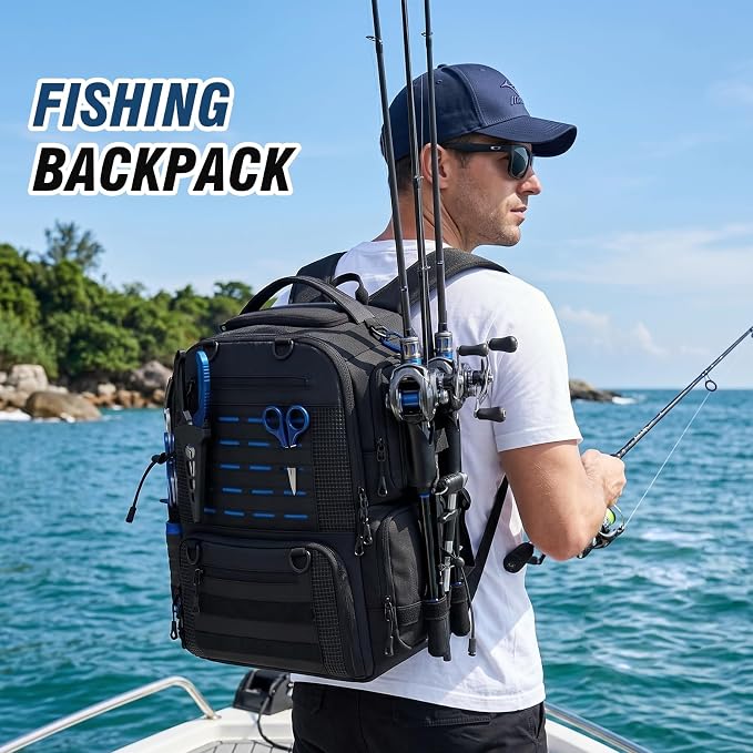 Fishing Tackle Backpack with Tackle Boxes, Two Rod Holders, Bottle Holder, 50L Waterproof Tackle Bag for Fishing Gear, Fish Gifts for Men, Black (4 Tackle Boxes Included