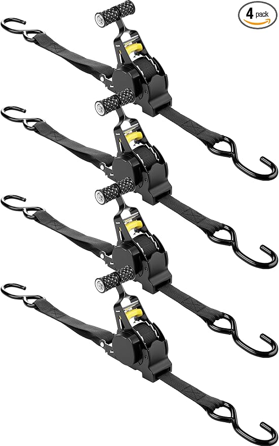 Tomorotec Retractable Ratchet Straps, 1-Inch x 10-Foot Heavy-Duty Tie Downs for Truck, Quick-Release and Telescopic Design, 500 lbs Working Load, 1200 lbs Break Strength, 4-Pack Cargo Straps