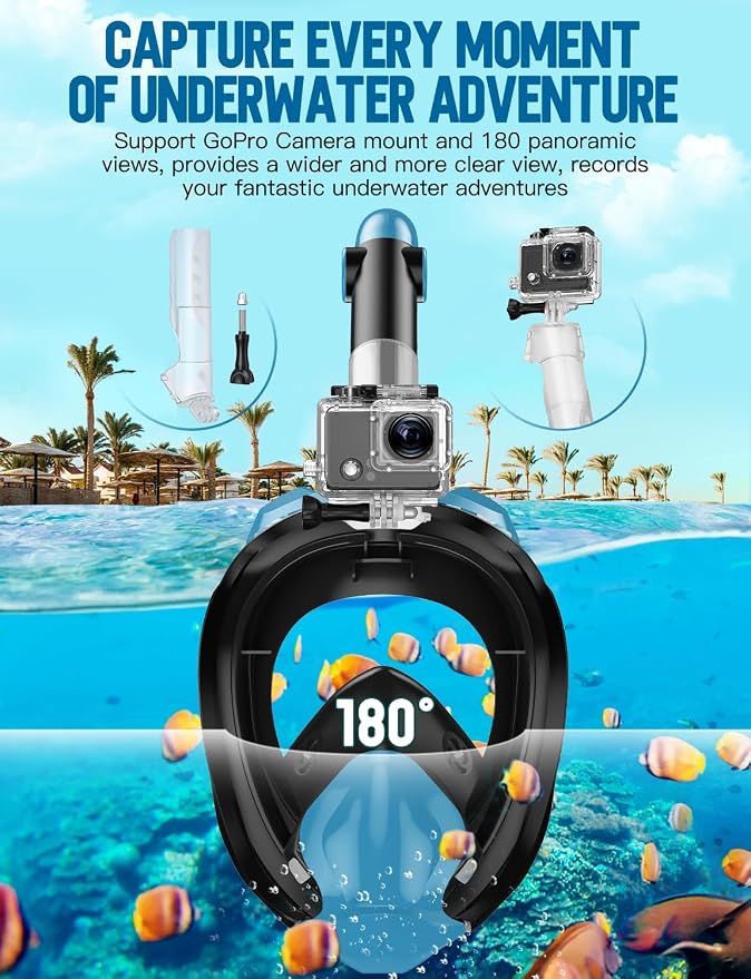 Full Face Snorkel Mask for Adults, 180° Panoramic Anti-Fog Snorkeling Gear with Dry Top System & Camera Mount, Foldable Anti-Leak Design for Travel, Swimming & Ocean Snorkeling