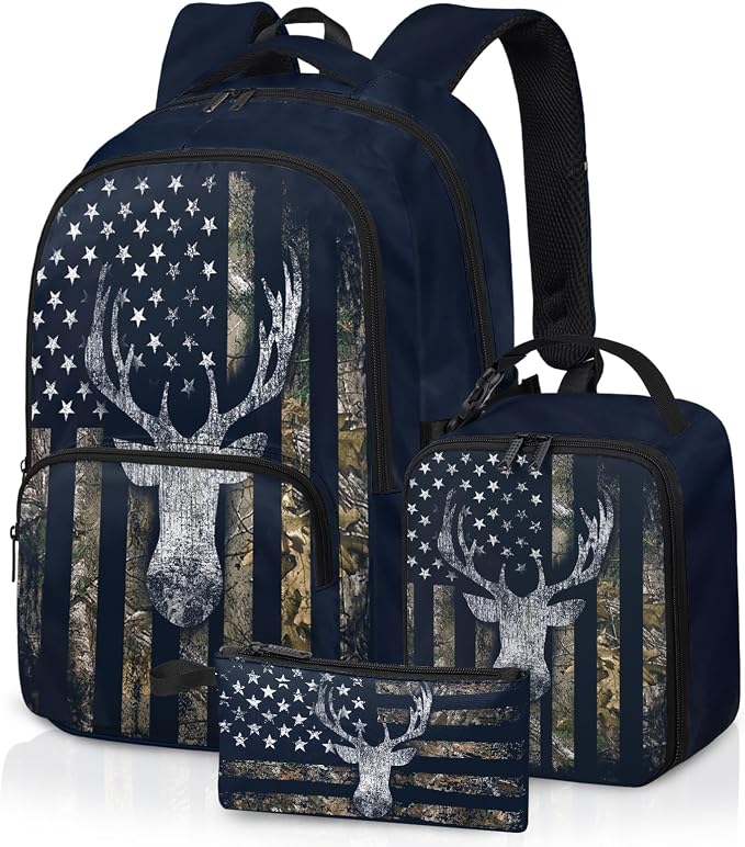 Camo Deer Backpack Set for Boys, Kids Camo School Backpack with Lunch Box Pencil Bag, with for Students