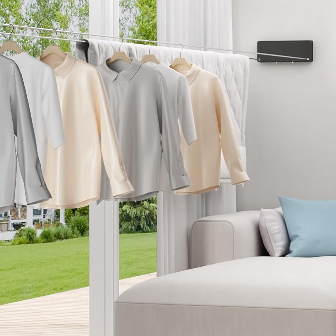 Retractable Clothesline Indoor, Non-Sagging Clothes line retracting Outdoor, Heavy Duty Wall Mounted Laundry Line Adjustable Stainless Steel for Laundryroom, Bathroom, 15.8 Feets Double Lines Black