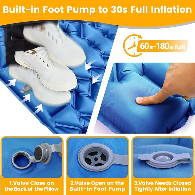 Sleeping Pad for Camping 2 Person, Double Camping Pad with Built-in Foot Pump and Pillow, Inflatable 4in Extra-Thick Ultralight Air Mattress for Backpacking, Hiking, Travel, Tent, Car, Gift