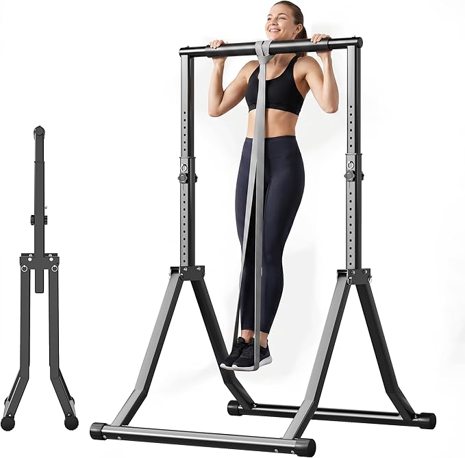 Foldable Power Tower Dip Station for Pull Ups, 66.1"-84.6" 12 Level 700 LBS, Adjustable Dip Handles & Assistance Bands Foldable Home Gym Equipment