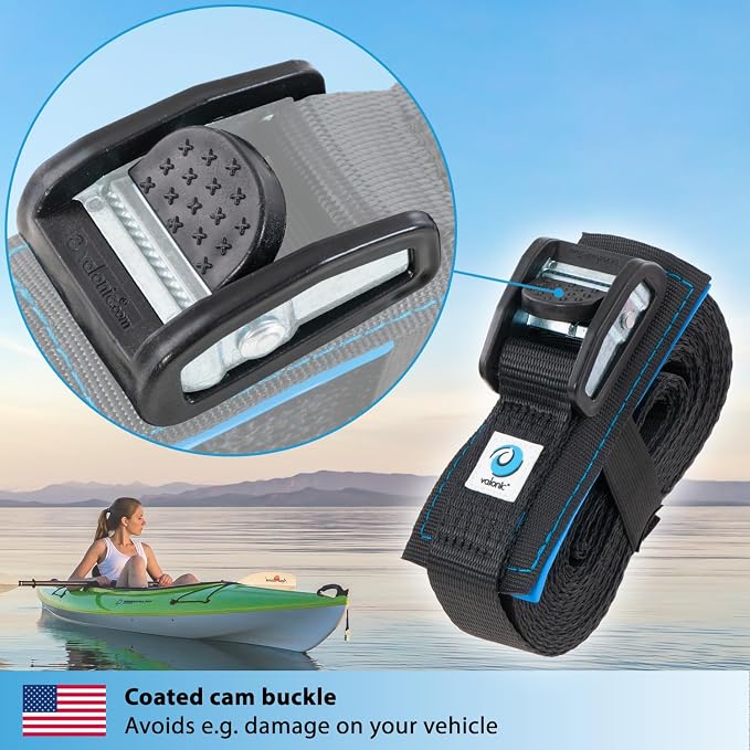 valonic ORCA - cam Straps Heavy Duty - 3500 lbs, Padded, cam Buckle, 20 ft x 1.3 in, 2 Pack - roof Straps for Kayak or Surfboard roof Rack - Black, with Protection pad