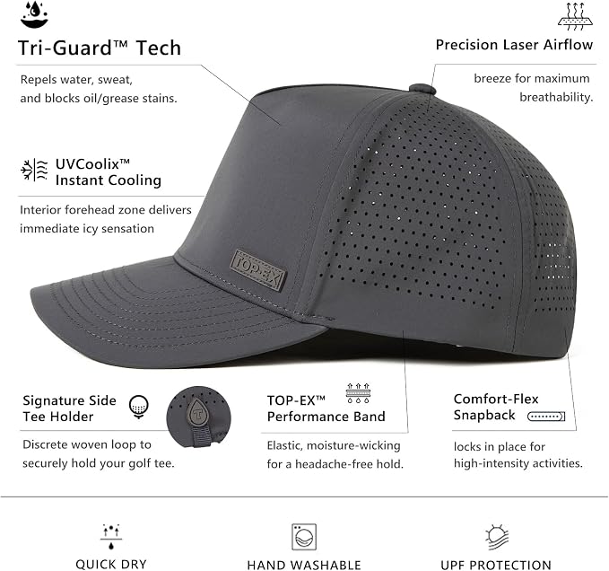 TOP-EX Performance Baseball Hat for Men Water Resistant Golf Cap Running Cooling Snapback Laser Perforated
