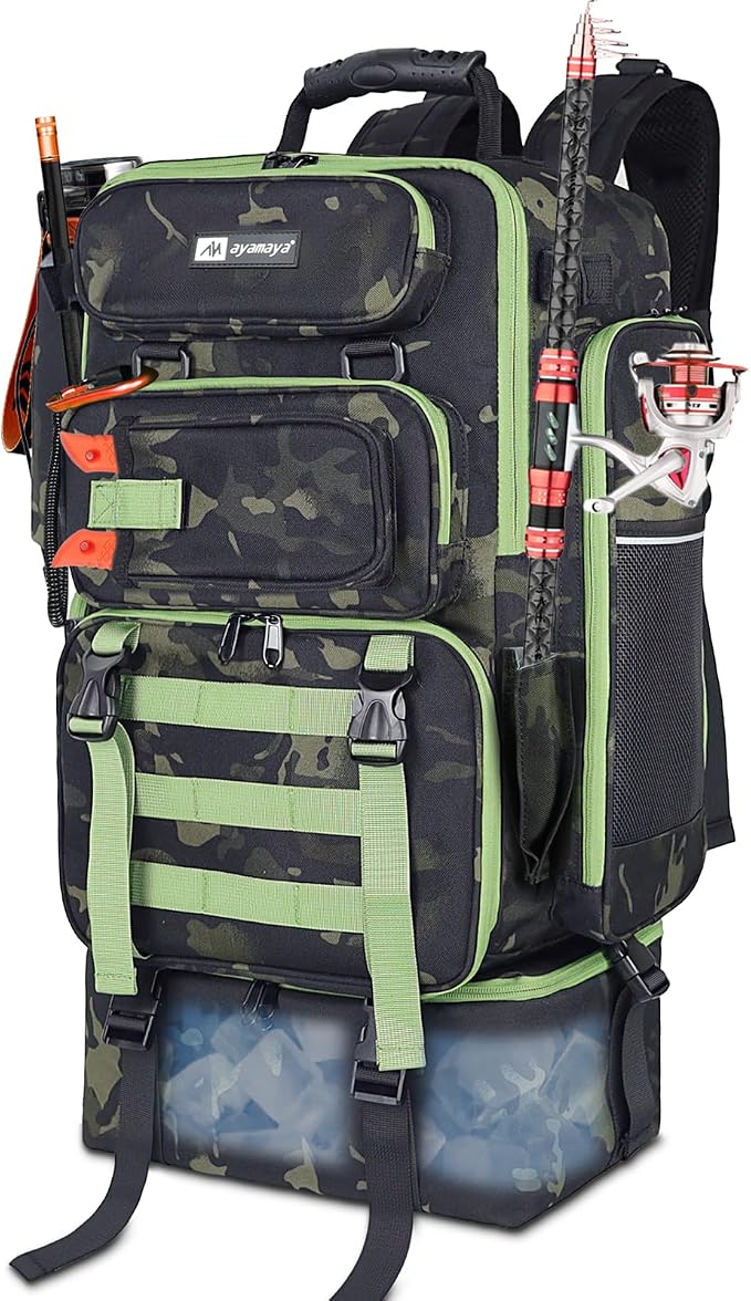 AYAMAYA Fishing Backpack with Cooler, 45L Tackle Backpack with Rod Holders & Insulated Lunch Bag, Large Outdoor Fishing Bag for 4 Tackle Boxes & Gears