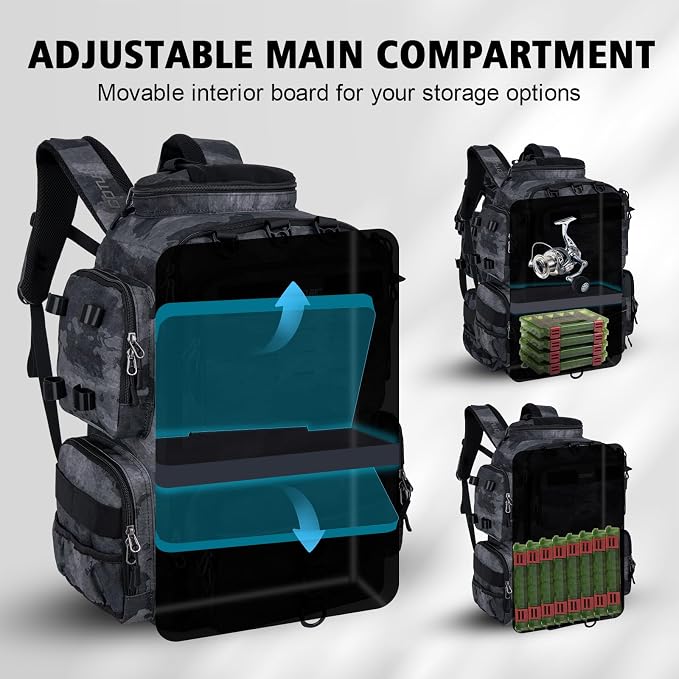 Goture Fishing Backpack,900D Water-Resistant Tackle Backpack with Rod Holders, SBS Zippers,45L Large Fishing Bag Storage Gear Tackle Bag with Rain Cover, Bottle Holder for Travel Camping Hiking