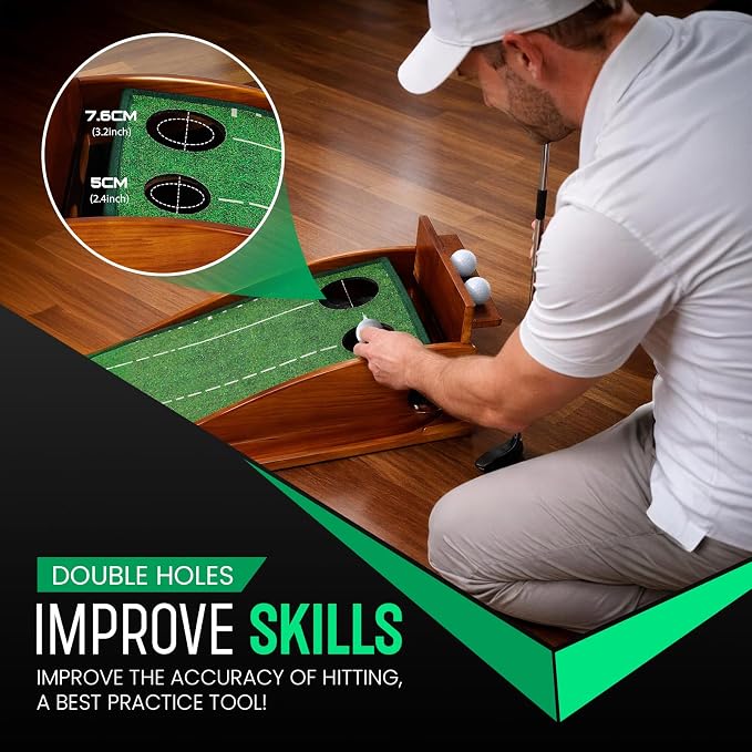 Premium Wood Golf Putting Green Indoor- 10-11 Stimp Speed True Roll Mat-Auto Ball Return, Dual Precision Holes, Alignment Mirror & 2 Balls-Professional Indoor Putting Trainer for Home & Office