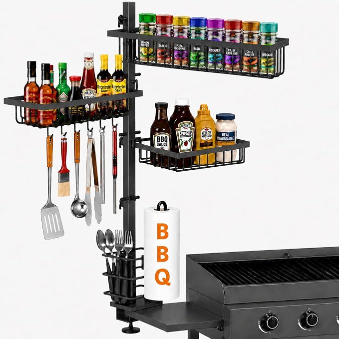 Griddle Caddy for Blackstone Griddle Accessories, Grill Caddy for Outdoor Grill, Blackstone Caddy BBQ Organizer with Paper Towel Holder, Condiment Caddy & Hooks for Camping Picnic