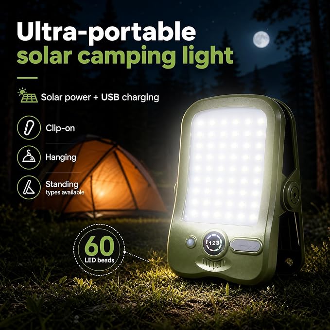 Clip on Solar Lights Outdoor, Portable Mini Solar Camping Light,Constant-on Light, Non-Motion-Sensing Mode,60LEDs 500LM Portable Security Light for Fence Waterproof, Deck, Yard, Camping, USB Charging