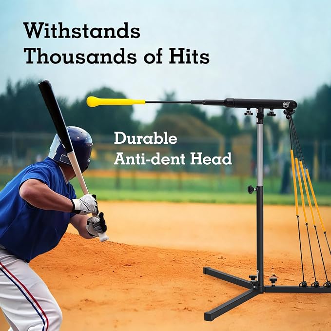 Batting Swing Trainer for Baseball and Softball with 4 Power Bands & Adjustable Height - High-Visibility Anti-Dent Target Ball, Portable Hitting Aid with Screw-in Base & Carry Bag for All Ages
