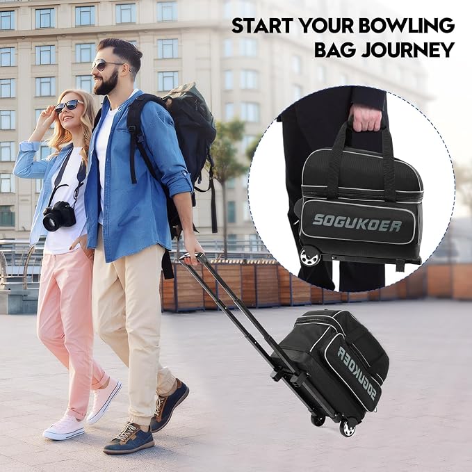 2 Bowling ball Bag with Wheels, Lightweight Trolley Double Ball Bowling bag with Large Separate Shoe Compartment and Oversized Accessory Pocket, Retractable Handle Extends To 39.5"