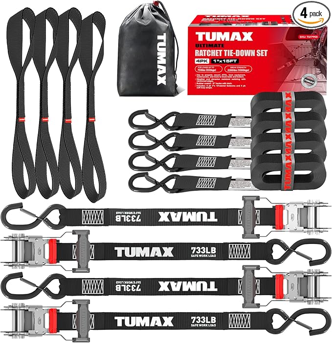 4Pcs Ratchet Tie Down Straps for 2200lb Break Strength, 1” x 15FT Tie Down Straps with Soft Loop & Safety S Hook - Cargo Strap Tie Down for Trucks, Motorcycle, Moving, Appliances, Black