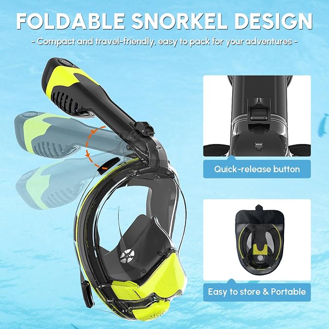 Yosmer Electric Full Face Snorkel Mask for Adults, Fan-Assisted Snorkeling Mask with Dry Top System, 180° Panoramic View, Anti-Fog Design, Foldable Travel Snorkel Gear